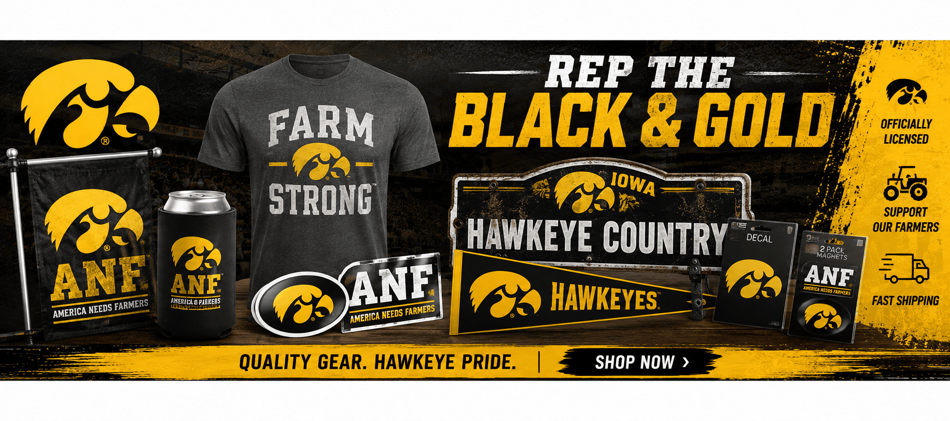Hawkeye Fan Shop banner: Rep the Black and Gold - Officially licensed, support our farmers, fast shipping