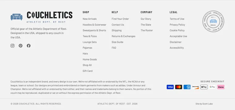 Couchletics footer with the wordmark and seal, an independent-brand disclaimer, and accepted payment methods