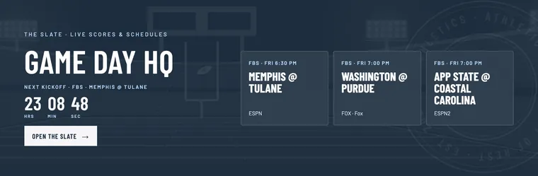 Game Day HQ on the Couchletics homepage, counting down to the next kickoff beside the next three games