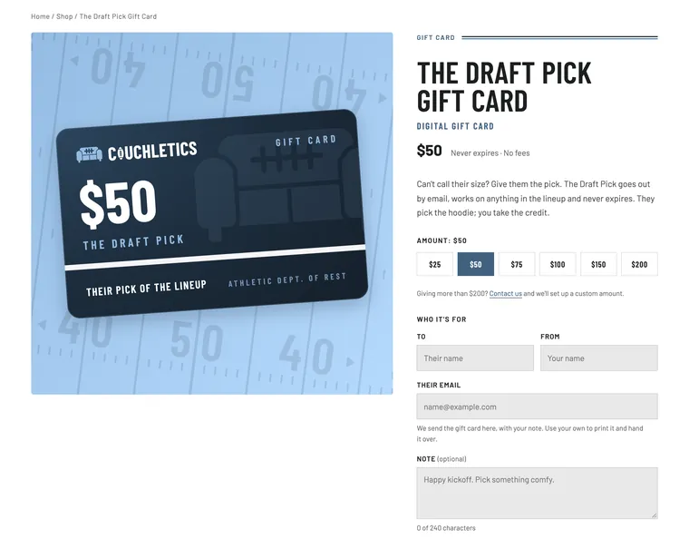The Draft Pick gift card page with amounts from $25 to $200 and fields for the recipient's name, email and a note