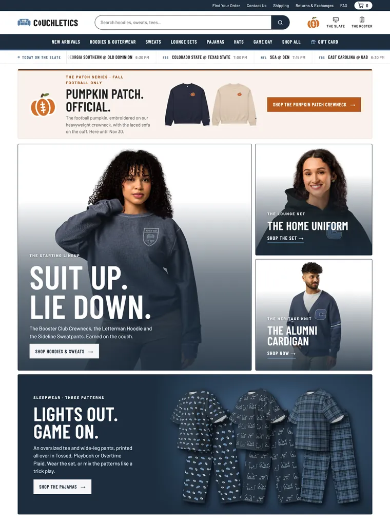 Couchletics homepage with a seasonal pumpkin patch in the header, a limited Pumpkin Patch crewneck banner, and featured lounge photos