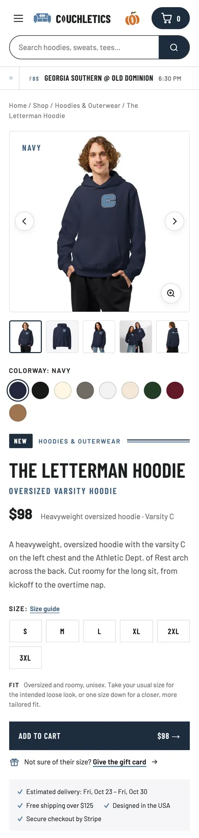 The Letterman Hoodie product page on a phone, with search, the seasonal patch and the cart in the header