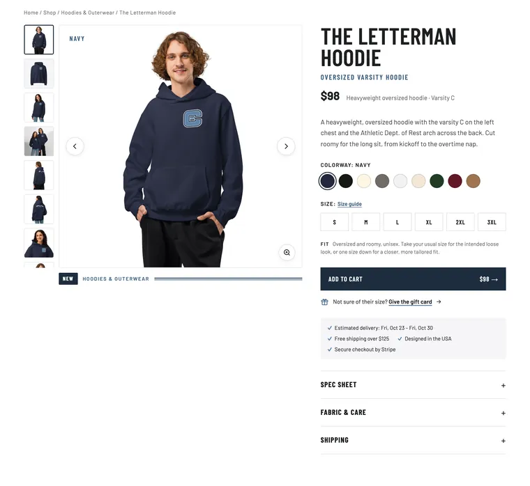 Couchletics product page for The Letterman Hoodie with photo gallery, colorway swatches, size buttons, delivery estimate and fabric details
