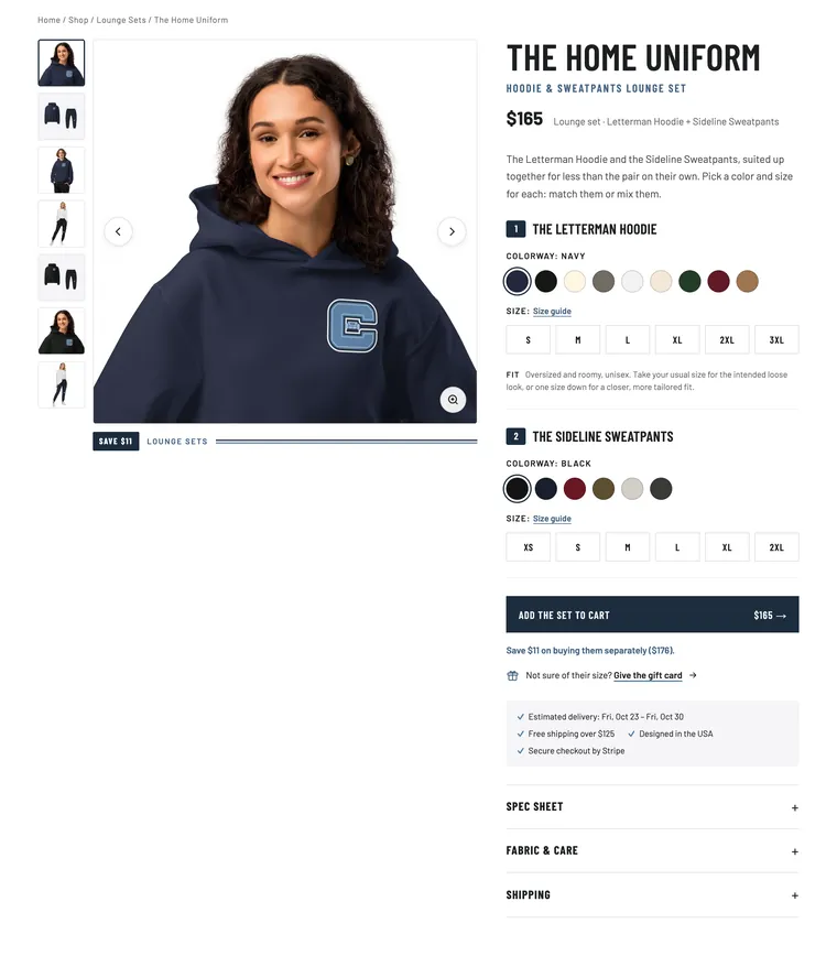 The Home Uniform set page, with a separate color and size picker for the hoodie and for the sweatpants, and the savings over buying them separately