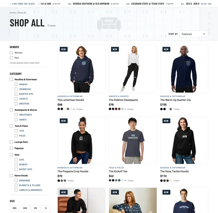 Couchletics Shop All page with 71 items, a filter column, and product cards showing colorways and size counts