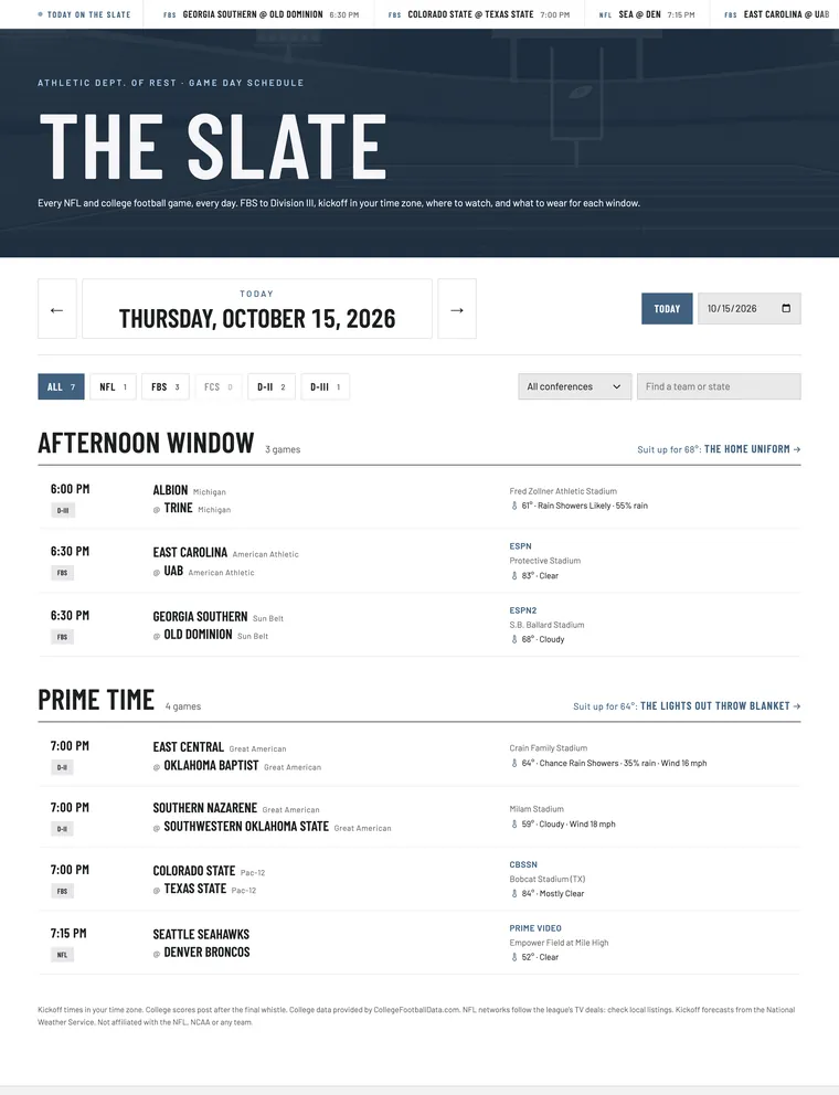 The Slate schedule page for October 15, 2026, listing college and pro football games by time window with TV listings and forecasts
