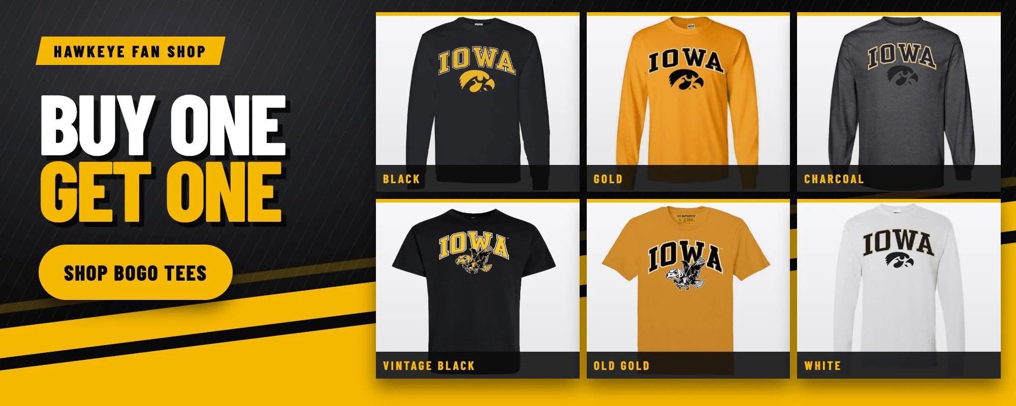 Hawkeye Fan Shop homepage carousel slide promoting a Buy One Get One tee deal across six colorways