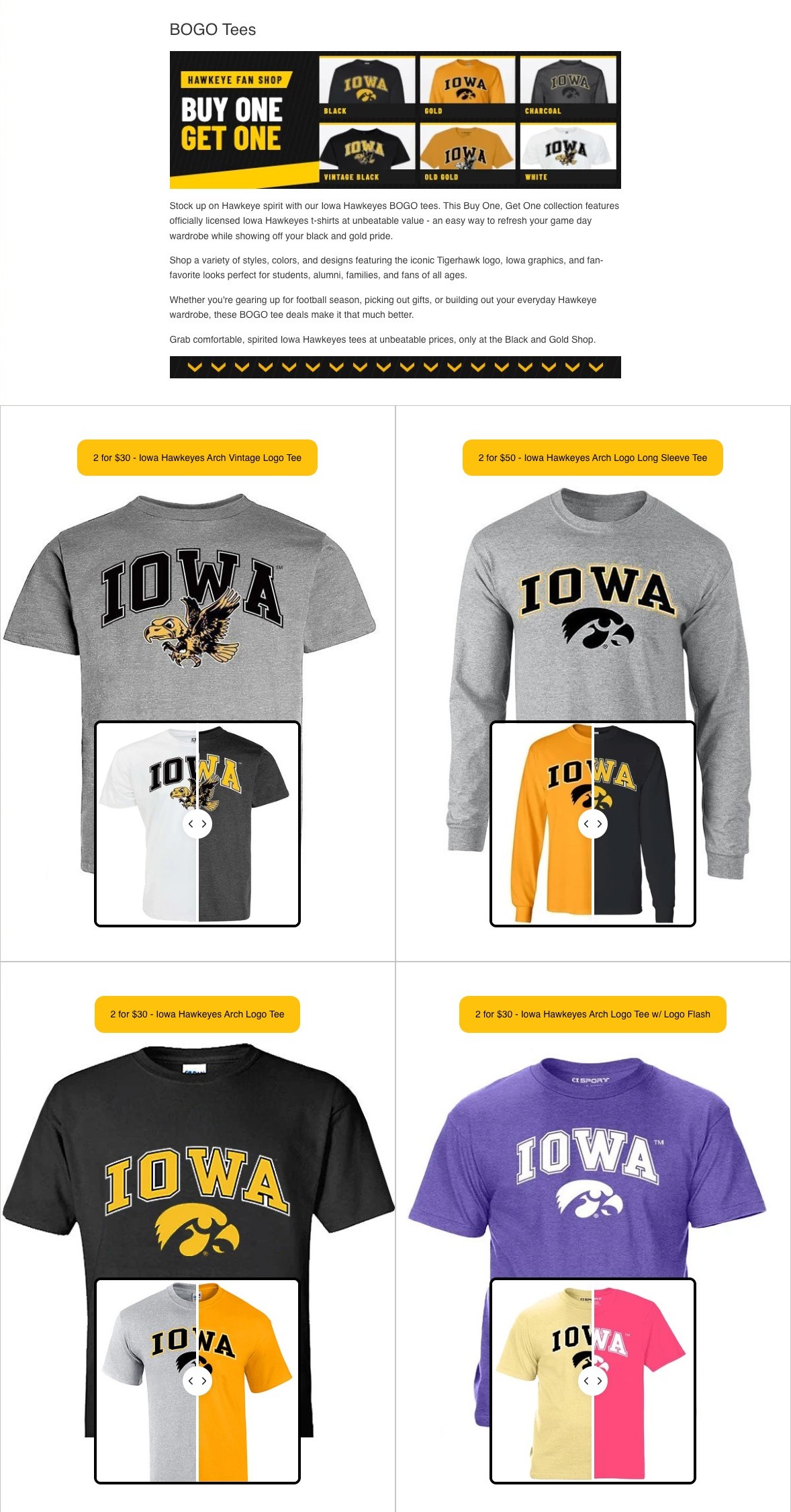 Hawkeye Fan Shop BOGO Tees landing page from hero banner through the full grid of eligible tees