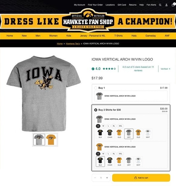 Hawkeye Fan Shop product page with the Buy 2 Shirts bundle selected, showing two independent size and color pickers