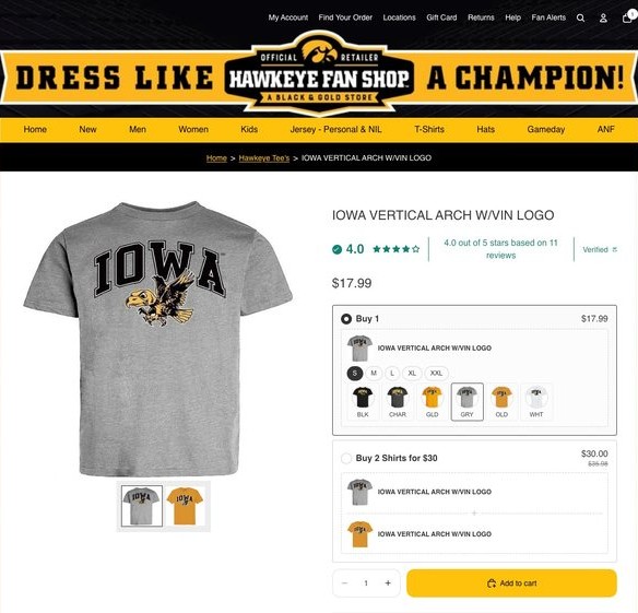 Hawkeye Fan Shop product page with a tiered Buy 1 or Buy 2 Shirts bundle pricing option