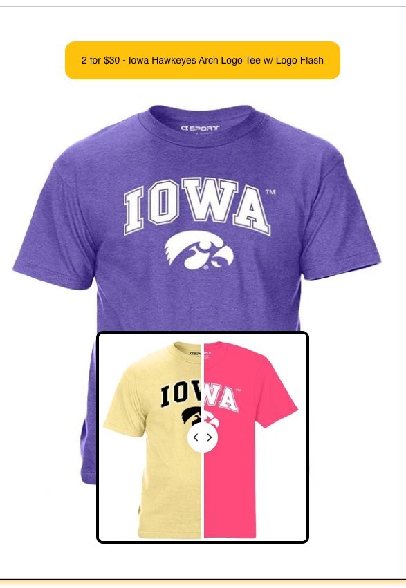 BOGO Tees product card for the Iowa Hawkeyes Arch Logo Tee with Logo Flash, showing a tan-to-pink colorway comparison slider