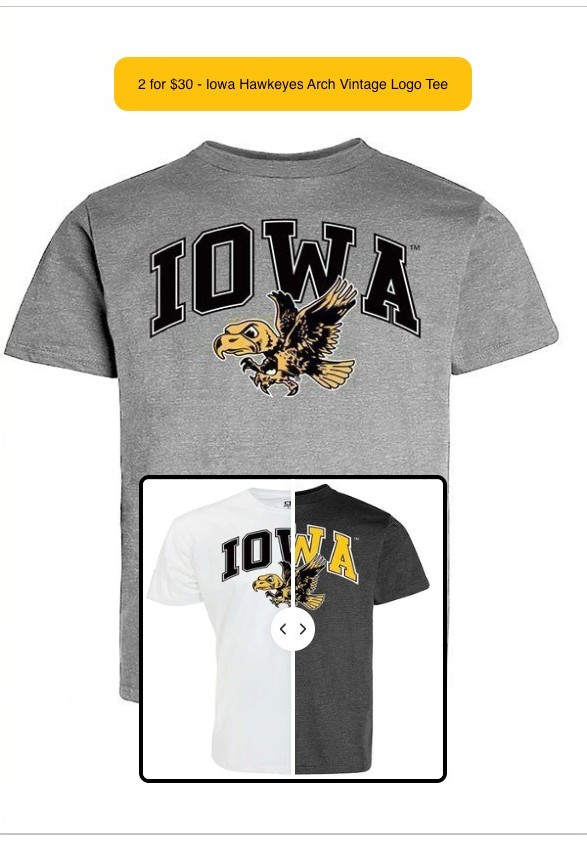 BOGO Tees product card for the Iowa Hawkeyes Arch Vintage Logo Tee with a white-to-black colorway comparison slider