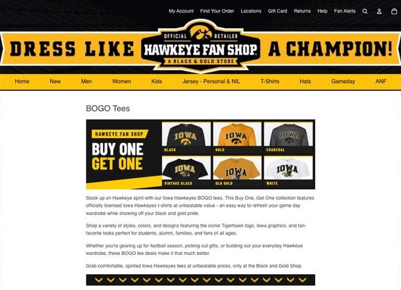 Hawkeye Fan Shop BOGO Tees promotional landing page with campaign copy and a chevron divider