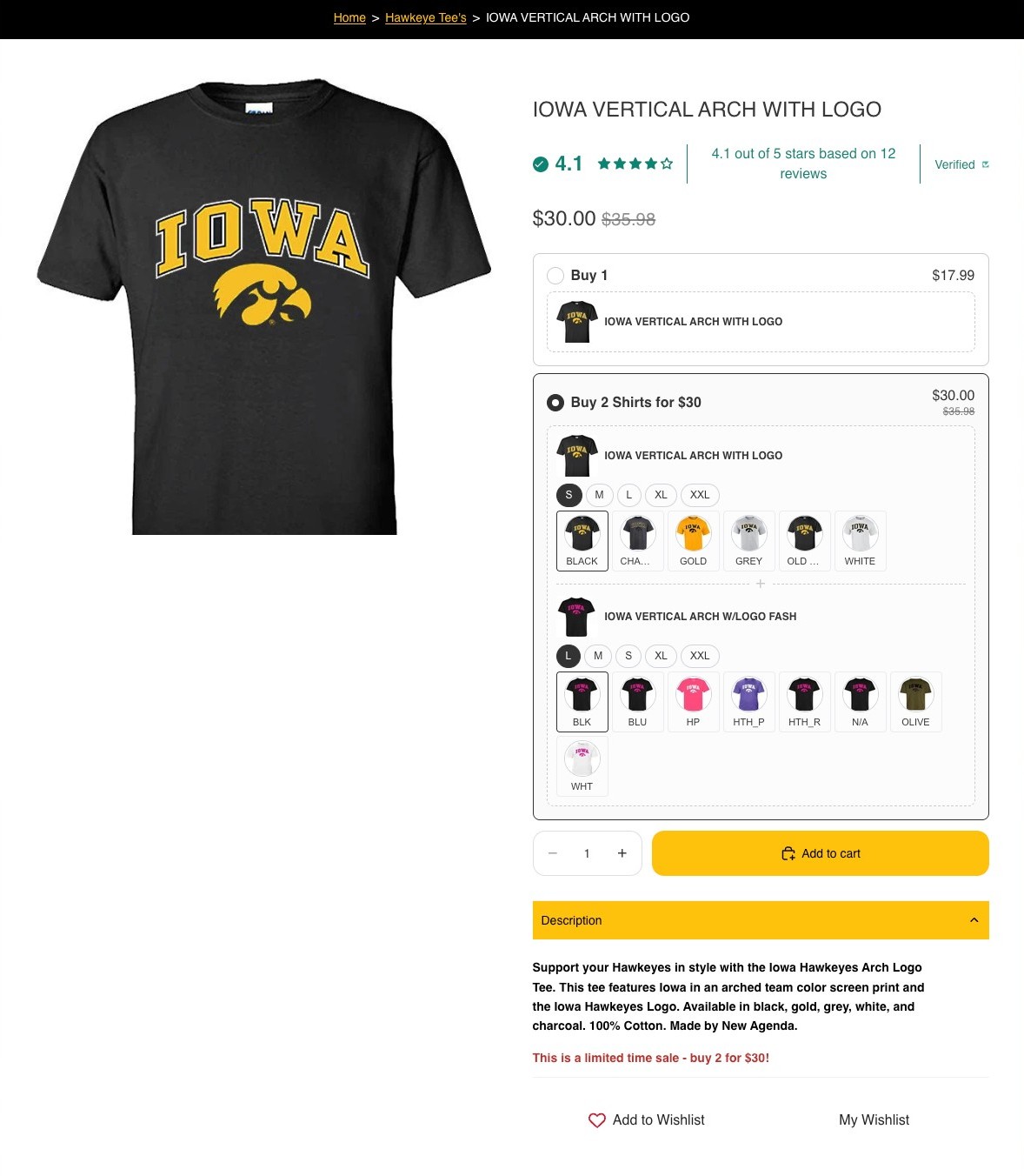 Iowa Vertical Arch with Logo product page with the Buy 2 Shirts bundle selected, showing two independent size and color pickers
