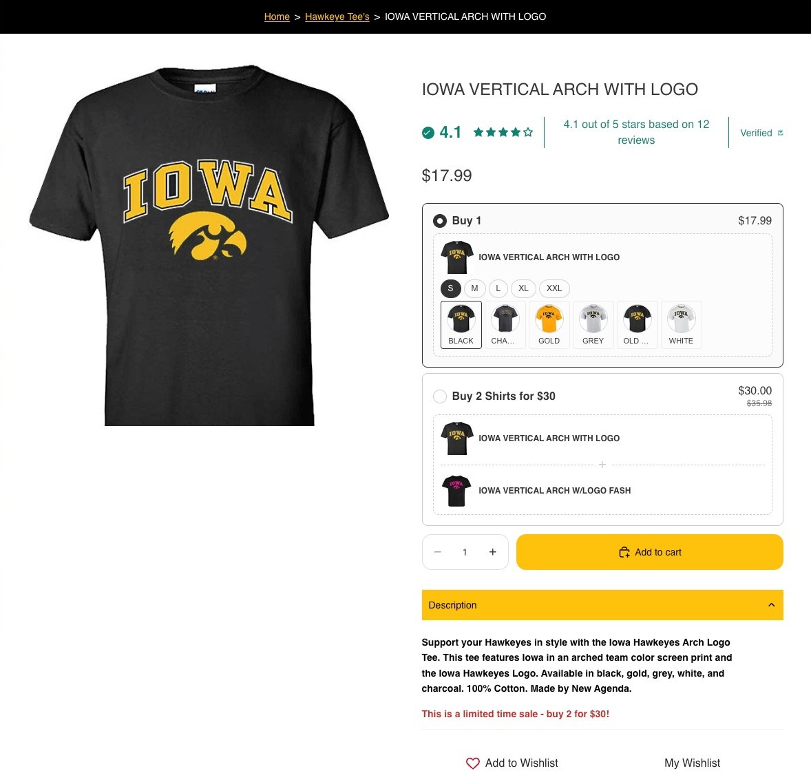Iowa Vertical Arch with Logo product page with Buy 1 selected and the Buy 2 Shirts bundle option collapsed