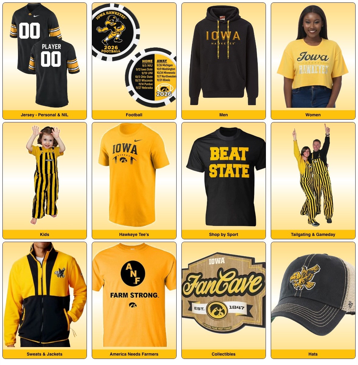 Hawkeye Fan Shop category grid with tiles for Jersey - Personal and NIL, Football, Men, Women, Kids, and eight other categories