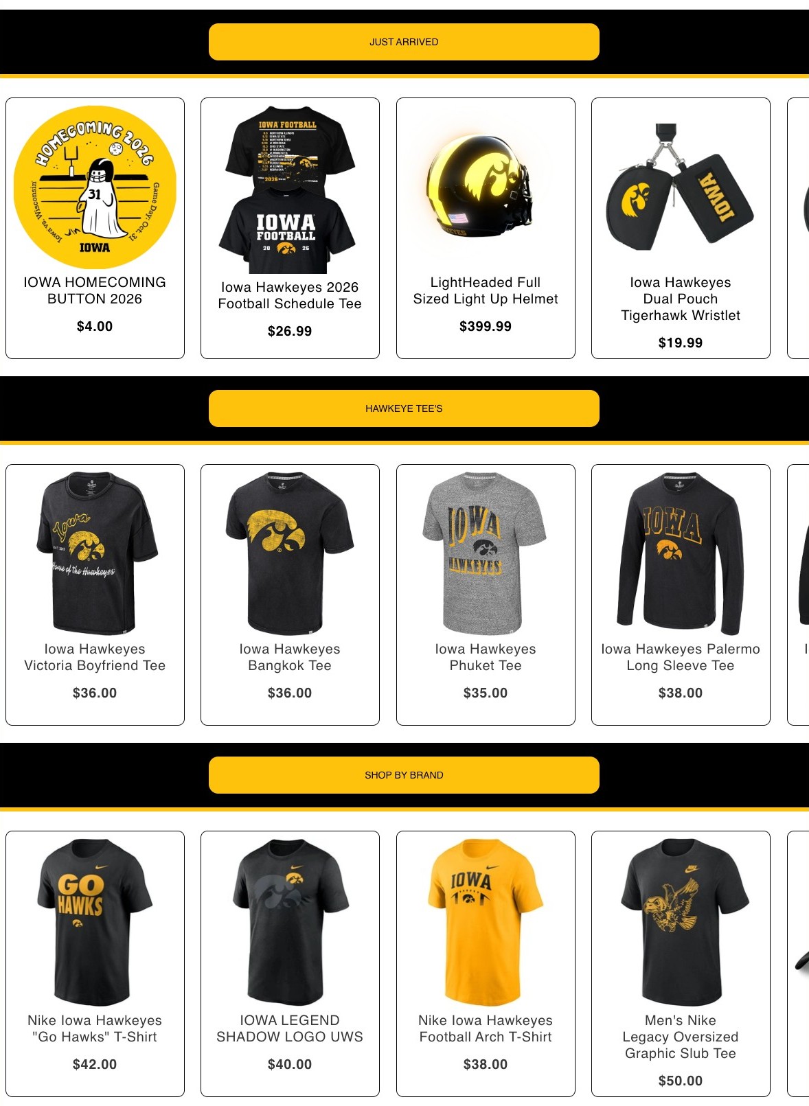 Hawkeye Fan Shop homepage merchandising rows for Just Arrived, Hawkeye Tee's, and Shop by Brand