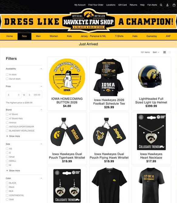 Hawkeye Fan Shop New Arrivals page with faceted filters across a 137-item catalog