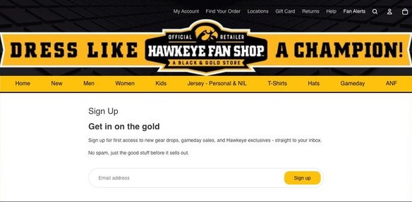 Hawkeye Fan Shop Fan Alerts email signup form for gear drops and gameday sales