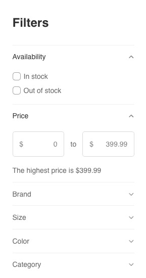 Hawkeye Fan Shop filter sidebar with Availability, Price, Brand, Size, Color, and Category facets