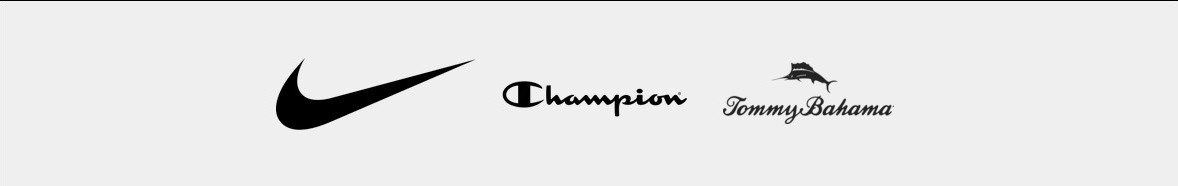 Hawkeye Fan Shop footer brand logo row featuring Nike, Champion, and Tommy Bahama