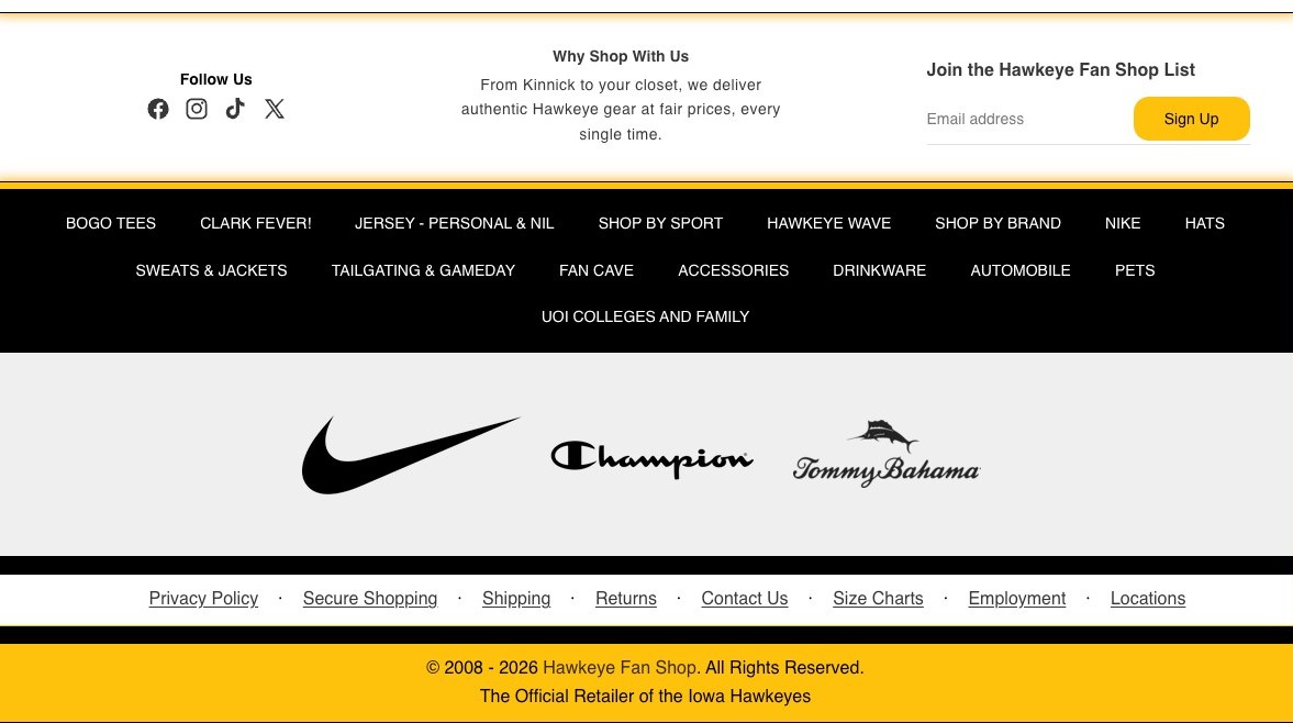 Hawkeye Fan Shop lower footer showing the signup row, secondary category bar, brand logos, policy links, and copyright