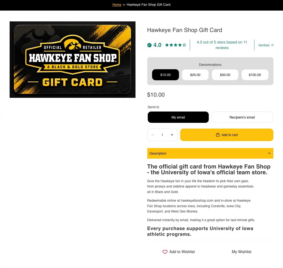 Hawkeye Fan Shop gift card product page showing denomination options, gifting flow, and customer reviews