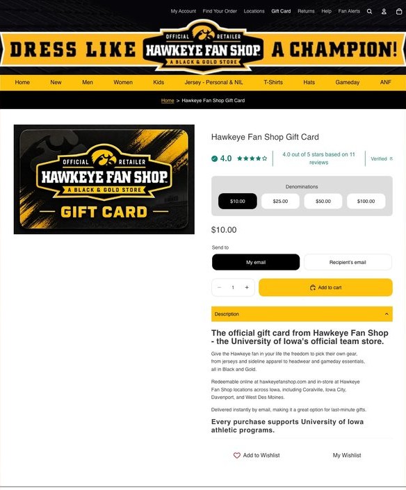 Hawkeye Fan Shop gift card product page, redeemable online and in-store across Iowa locations