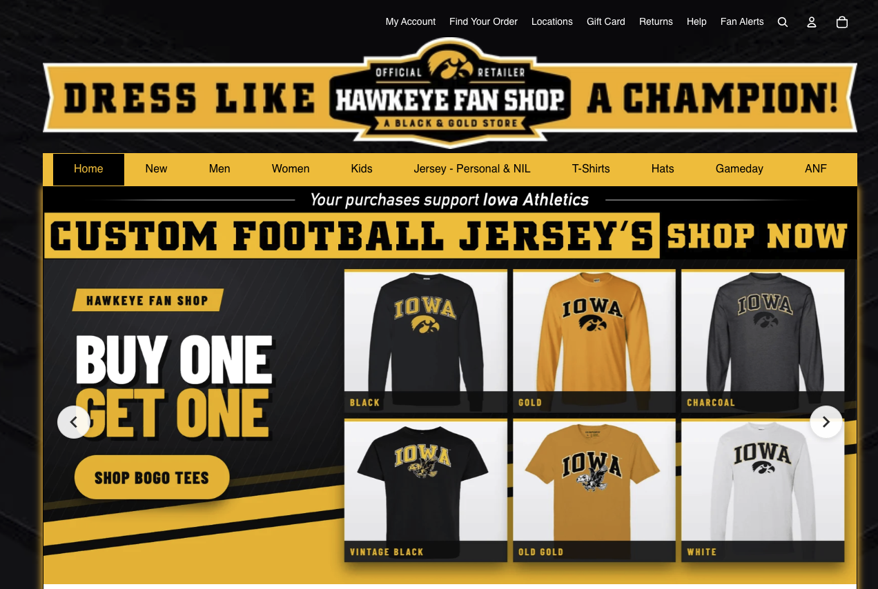 Hawkeye Fan Shop site header with utility navigation, the official-retailer banner, and primary category navigation