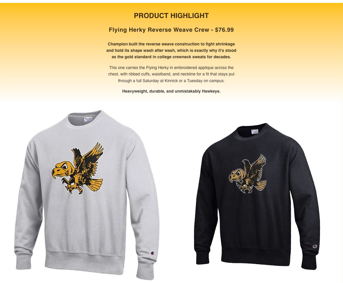 Hawkeye Fan Shop Product Highlight module for the Flying Herky Reverse Weave Crew in two colorways