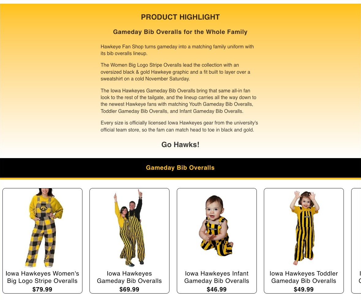 Hawkeye Fan Shop Product Highlight module for Gameday Bib Overalls, spanning women's, youth, toddler, and infant sizes