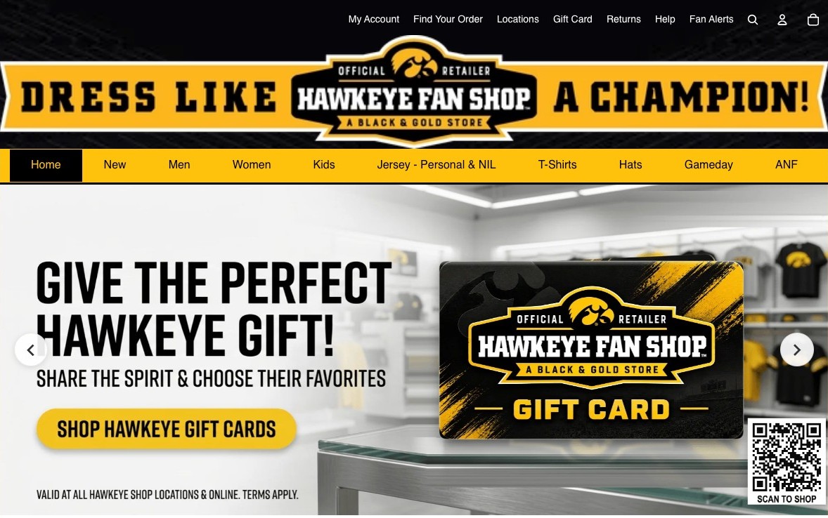 Hawkeye Fan Shop homepage showing the gift card carousel slide in context with primary navigation, search, and cart