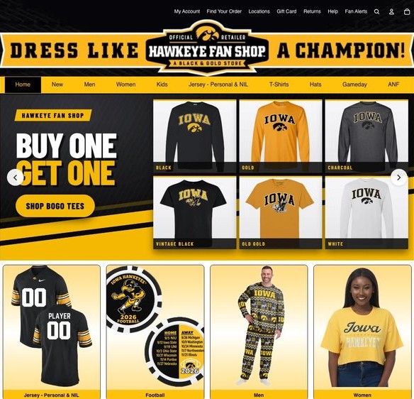 Hawkeye Fan Shop homepage showing gameday-themed merchandising and a BOGO tee promotion