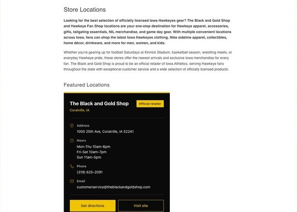 Hawkeye Fan Shop and The Black and Gold Shop store locator listing physical retail locations across Iowa