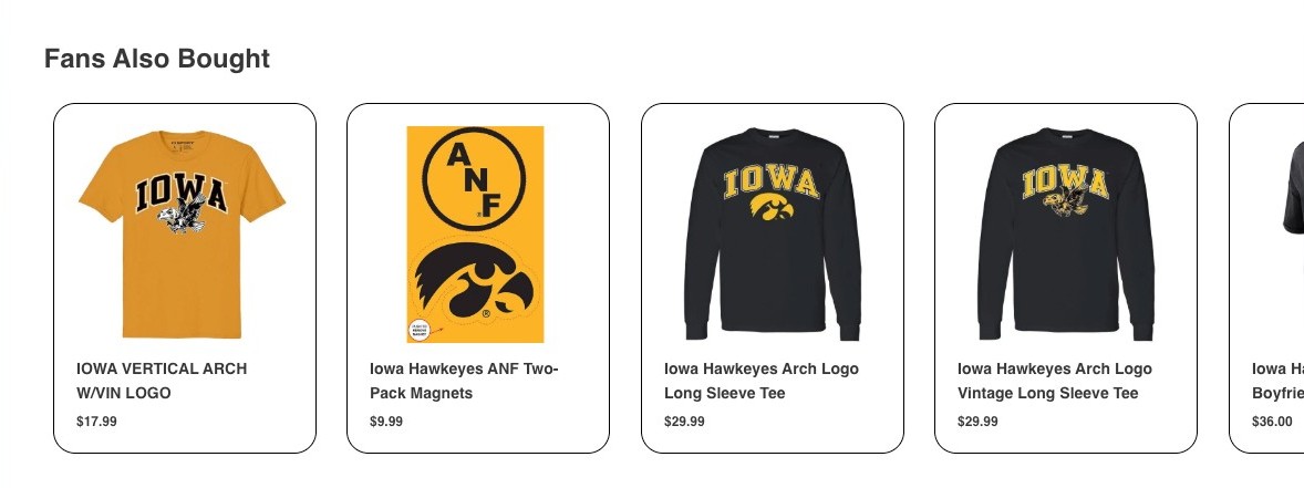 Hawkeye Fan Shop Fans Also Bought cross-sell row shown on a product page