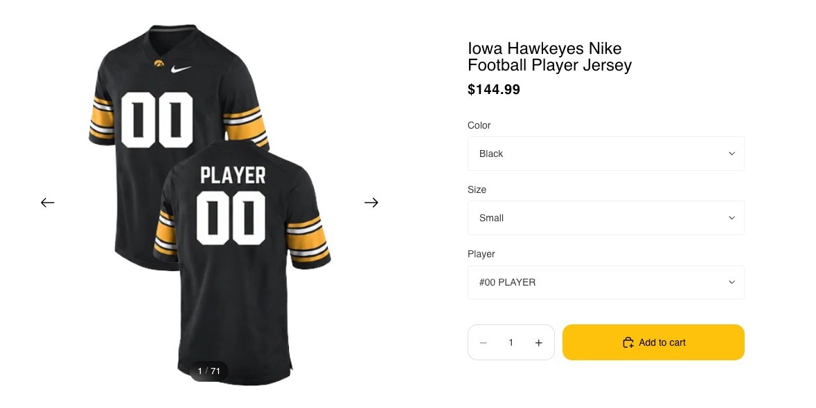 Hawkeye Fan Shop product page for the Iowa Hawkeyes Nike Football Player Jersey with Color, Size, and Player dropdown selectors and a 71-image gallery