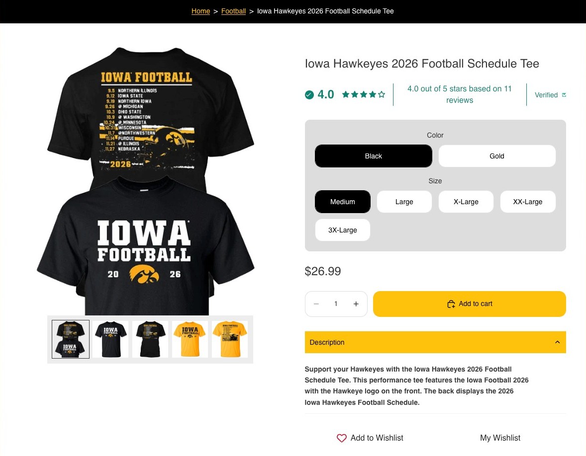 Hawkeye Fan Shop product page for the Iowa Hawkeyes 2026 Football Schedule Tee with breadcrumbs, reviews, and swatch-style variant pickers