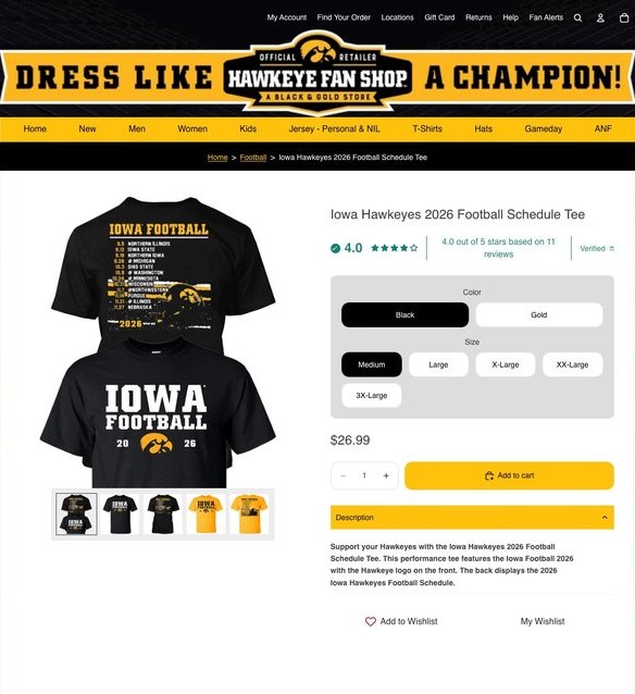 Hawkeye Fan Shop product page for an Iowa Hawkeyes tee, showing reviews and add-to-cart tracking points