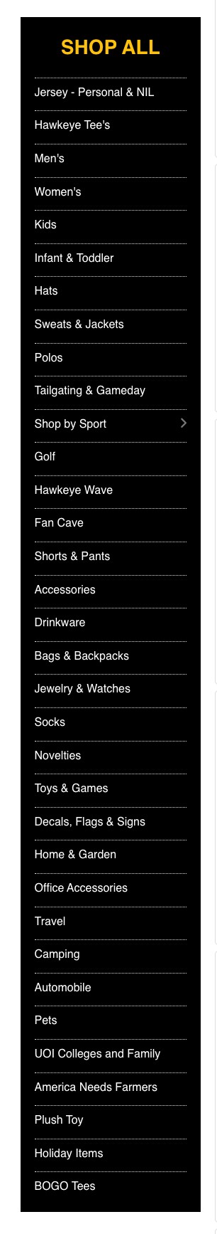 Hawkeye Fan Shop Shop All navigation menu listing over thirty product categories