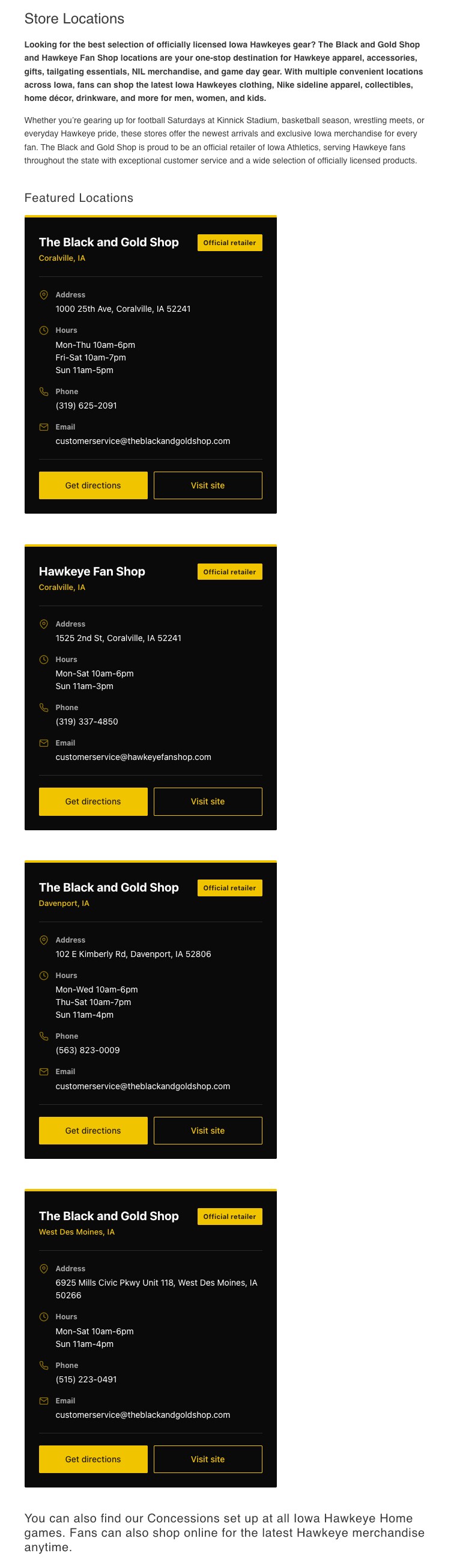 Hawkeye Fan Shop store locations page listing four featured stores with hours, phone, email, and directions