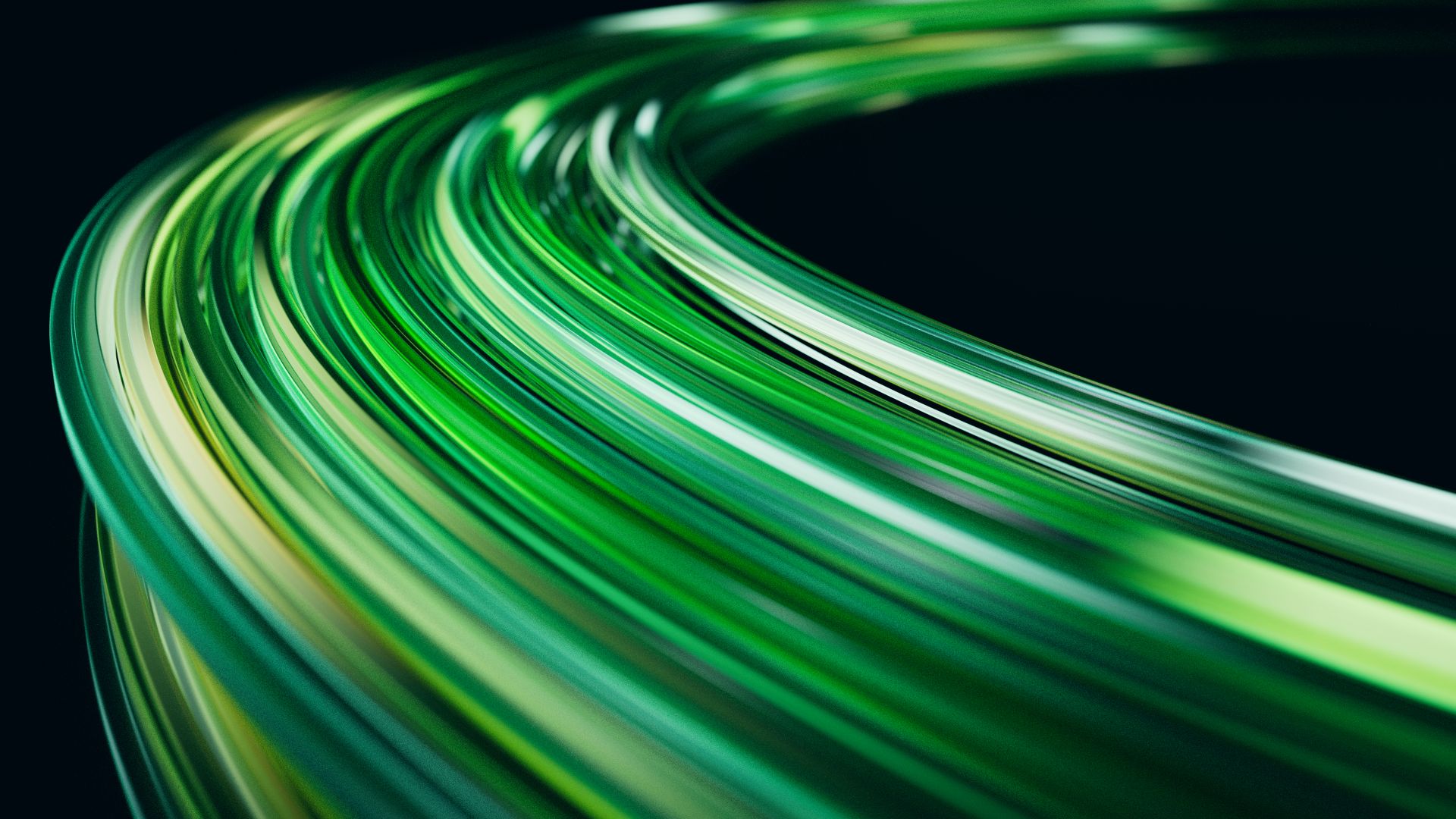 Smooth curved ribbons of green light forming a continuous loop, representing a self-sustaining automated process
