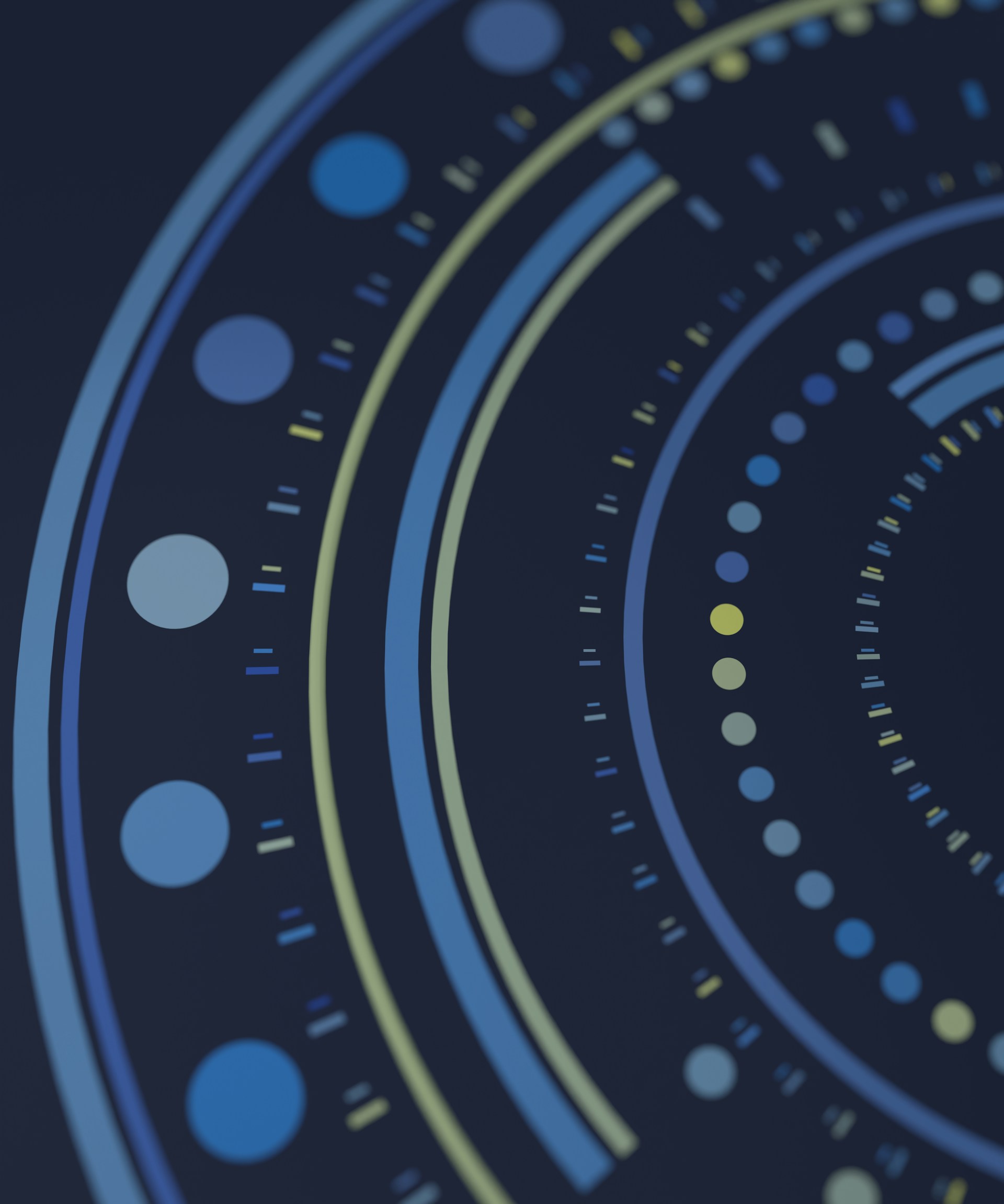 Abstract concentric rings of dashboard-style gauges and data points in blue and yellow