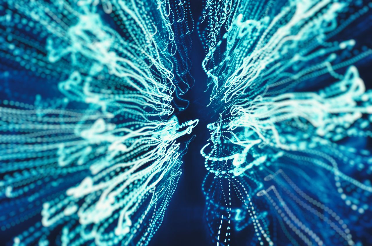 Glowing teal light trails radiating outward from a single point, representing one interaction branching into many tracked paths