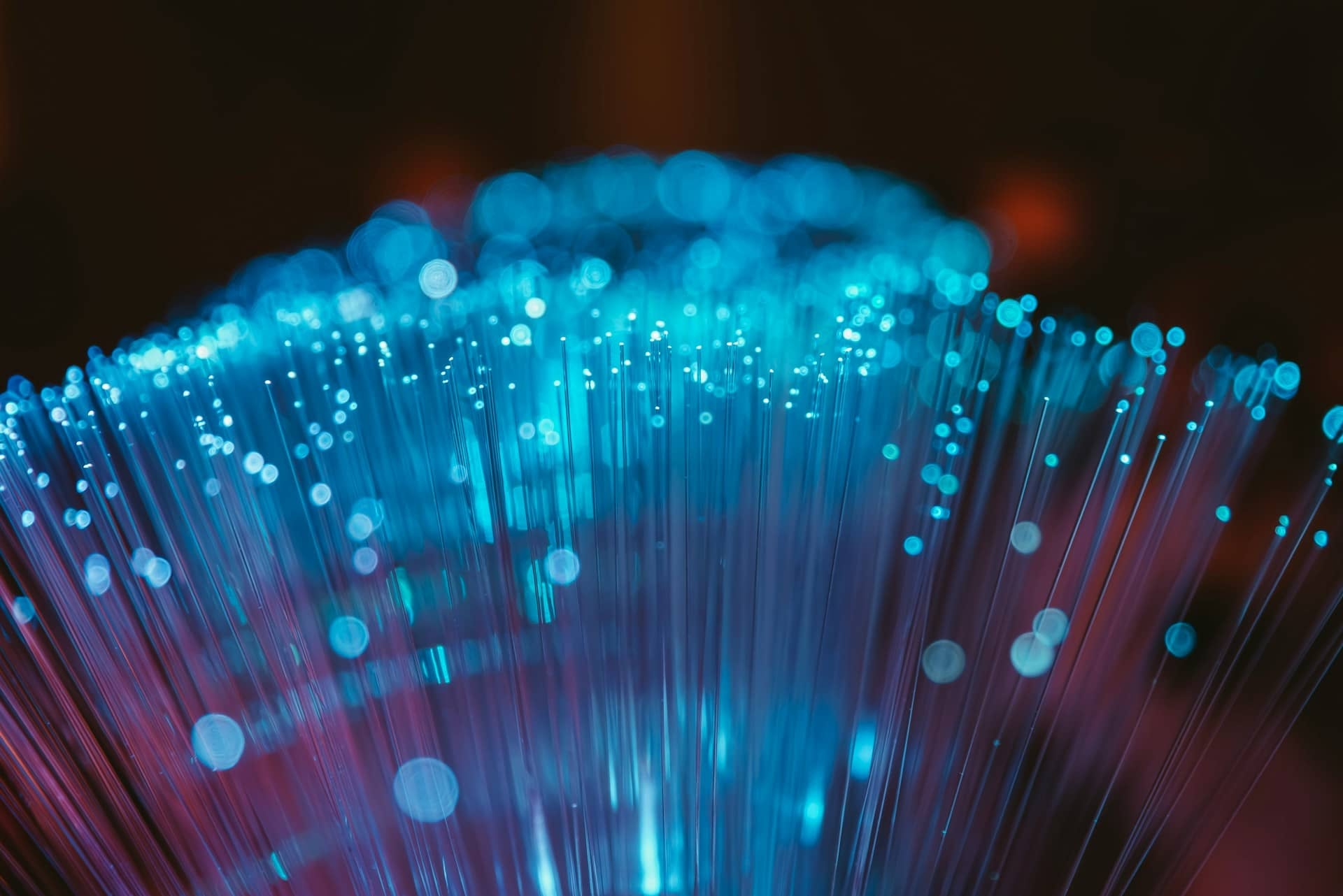 Close-up of illuminated fiber-optic strands fanning out, representing duplicated paths between disconnected systems