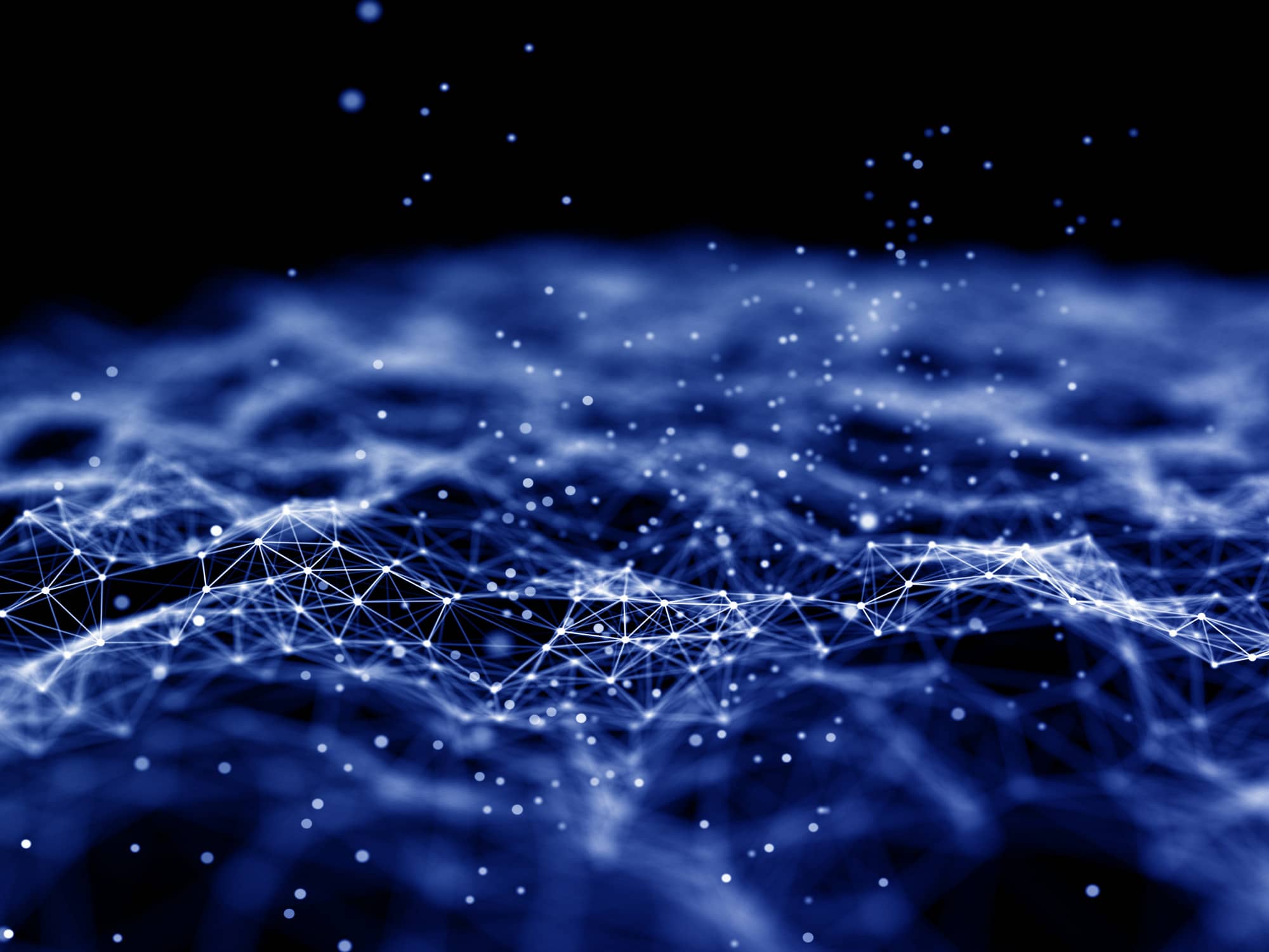 Glowing blue network of connected nodes rising out of darkness, representing independent systems confirming the same data