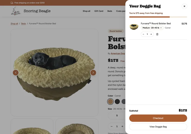 Snoring Beagle product page with the Doggie Bag drawer open, showing the free shipping progress bar, the bed with its size and color, the subtotal and the checkout button
