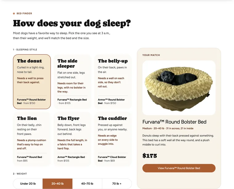Snoring Beagle bed finder with six sleeping style cards, four weight buttons and a match box showing the Round Bolster Bed in Medium for 20 to 40 lb