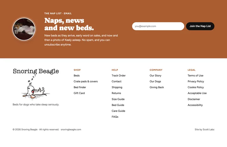 Snoring Beagle email sign-up band, The Nap List, above the footer with the illustrated beagle, the tagline Beds for dogs who take sleep seriously and the footer links