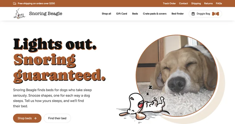 Snoring Beagle homepage with the headline Lights out. Snoring guaranteed., a photo of a sleeping beagle in a ringed circle and the illustrated beagle snoring beside it