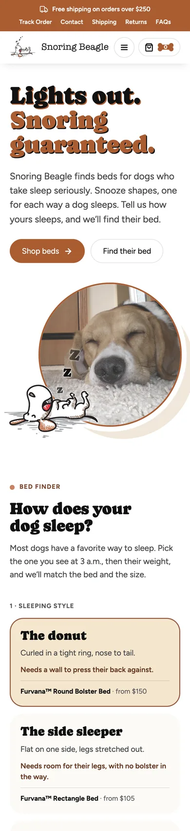 Snoring Beagle homepage on a phone, with the menu and Doggie Bag buttons, the headline, the beagle photo and the first bed finder cards